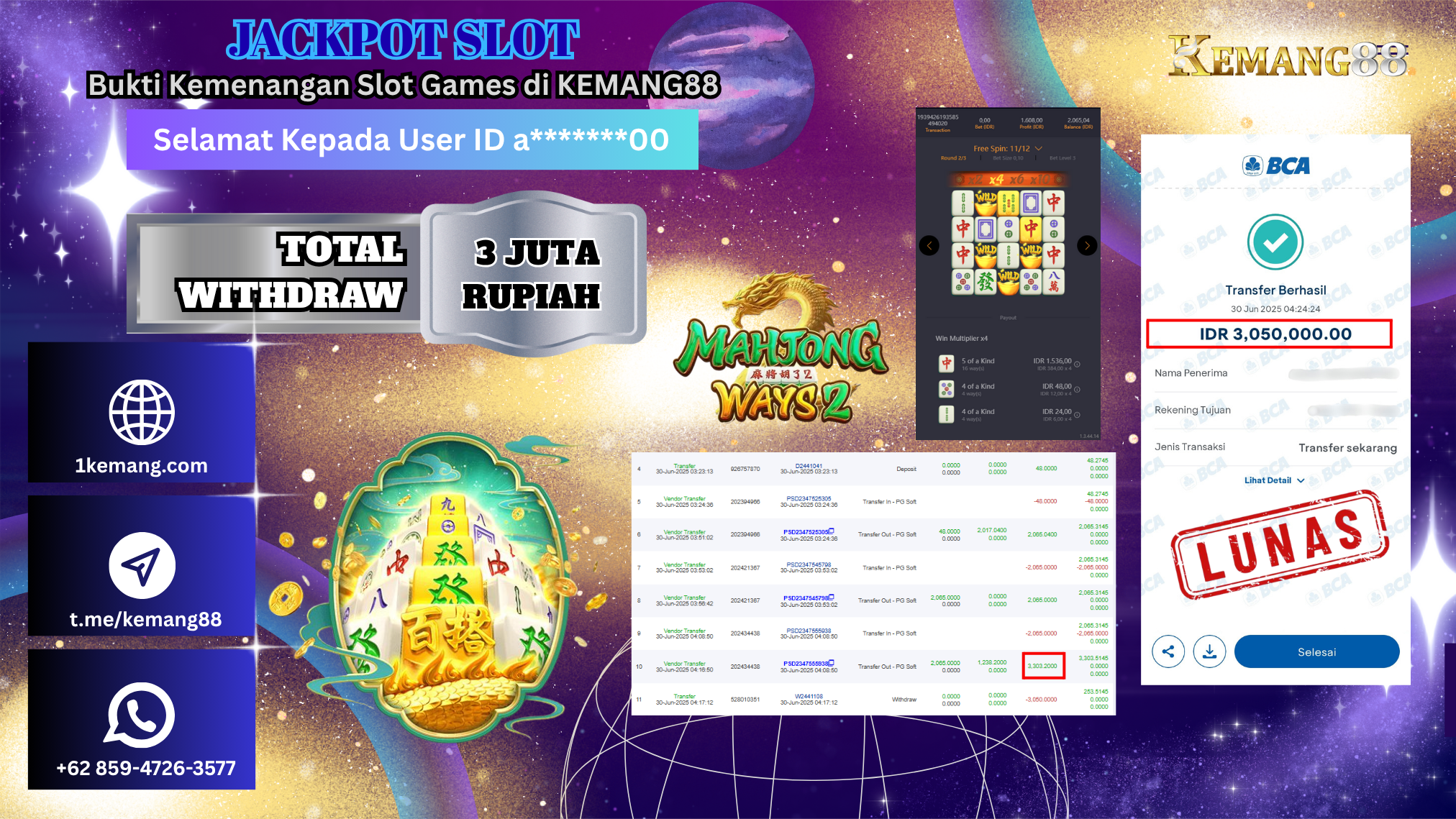 KEMANG88 [30 JUNI 2025] : JACKPOT MAHJONG WAYS 2 Rp.3.050.000.,- LUNAS